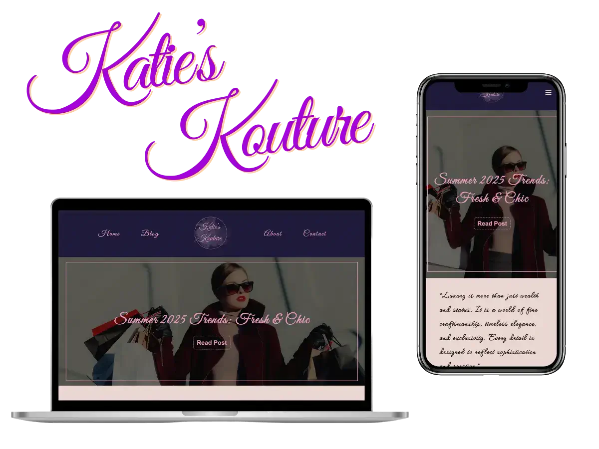 Preview of Katie's Kouture landing page displayed on a laptop and mobile device